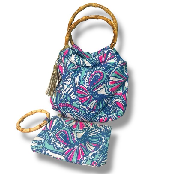 Lilly Pulitzer Target Bamboo Handle Pouch Purse Bag My Fans Pattern With Wallet - Picture 1 of 9